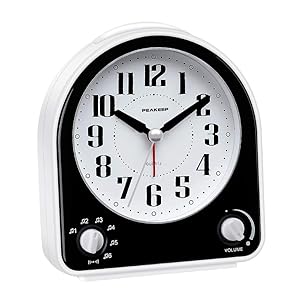 Peakeep Non-Ticking Silent Alarm Clock, Optional 7 Wake-up Sounds with Volume Control, Nightlight and Snooze, AA Battery Operated and Included (Black)