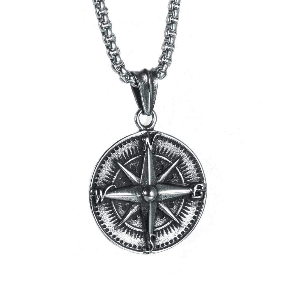 PAURO Men's Stainless Steel Vintage Round Compass Pendant Punk Necklace Silver Black with Chain