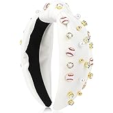 BAHABY Baseball Headbands for Women Crystal Baseball Embellished Wide Top Knot Headband for Women Game Day Hair Accessories (White)