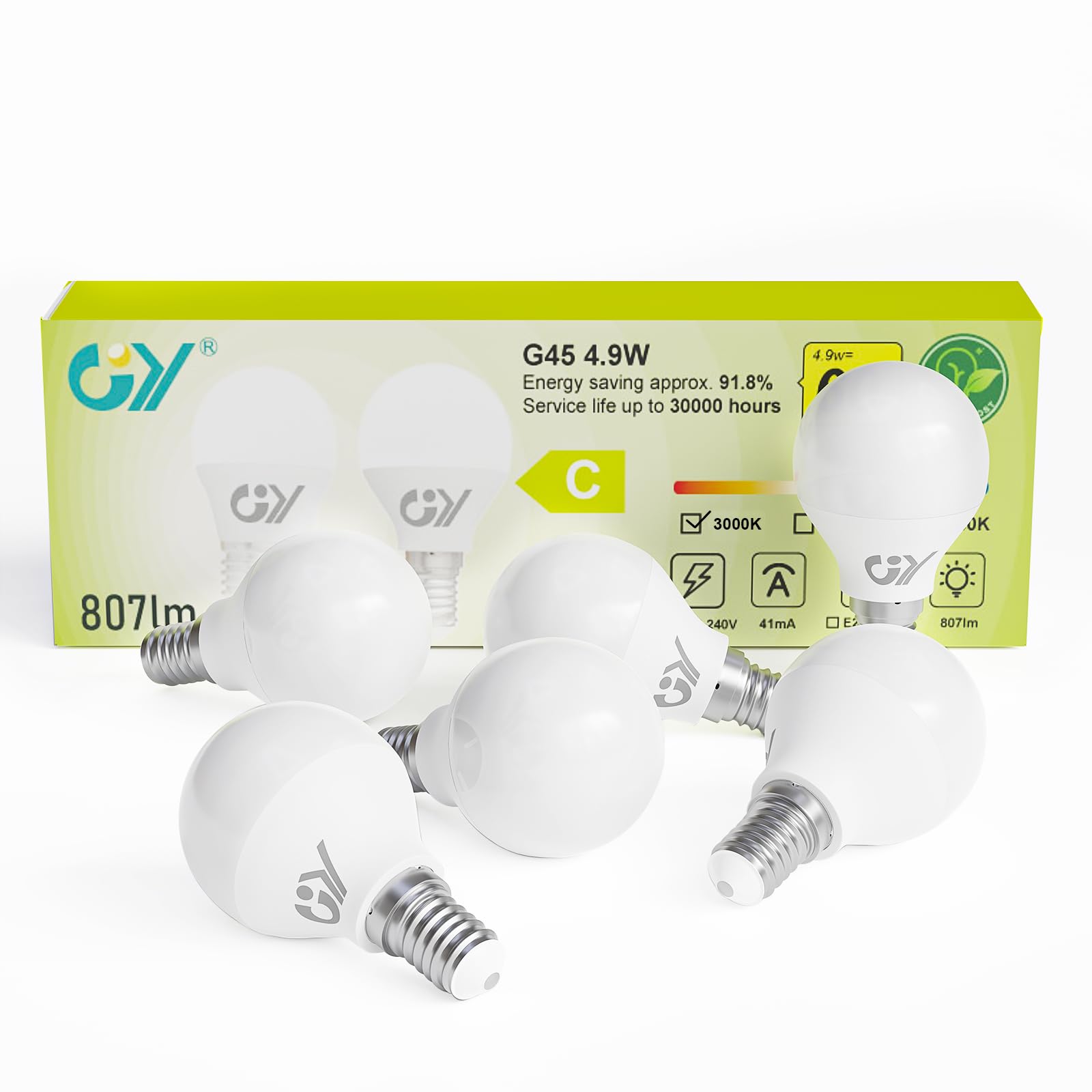 GY E14 LED Bulbs Warm White G45 Energy Efficient, 4.9W 3000K 807 Lumen, Energy Saving Replaces 60W, 280° Non-dimmable, 6 Pack