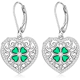 St Patricks Day Shamrock Earrings for Women Sterling Silver Heart Filigree Four Leaf Clover Earrings Dangle Green Irish Clover Gifts
