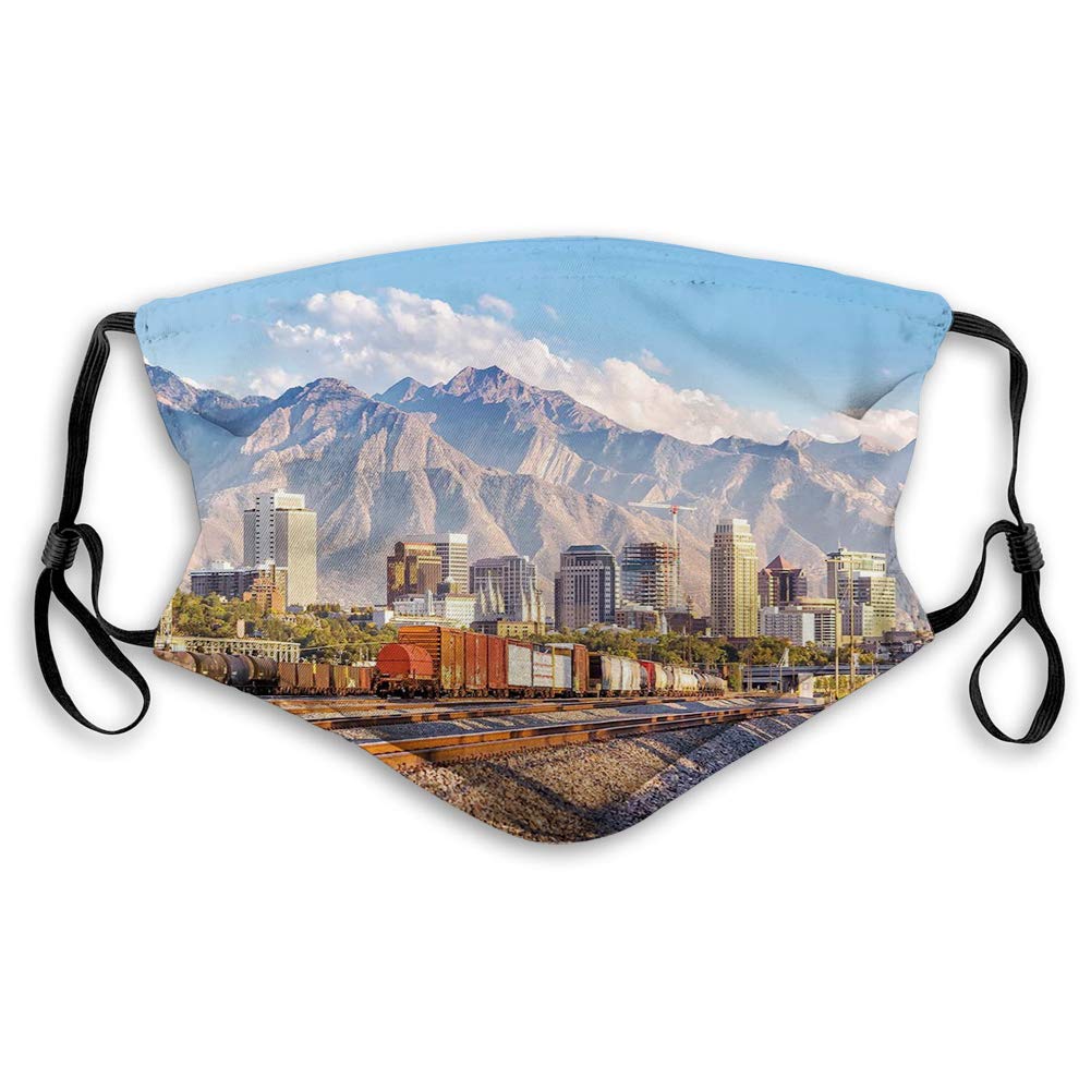 Windproof Activated Carbon mask,Downtown Salt Lake City Skyline in Utah USA Railroads Mountains Buildings Urban,Facial decorations for Unisex adults（13076
