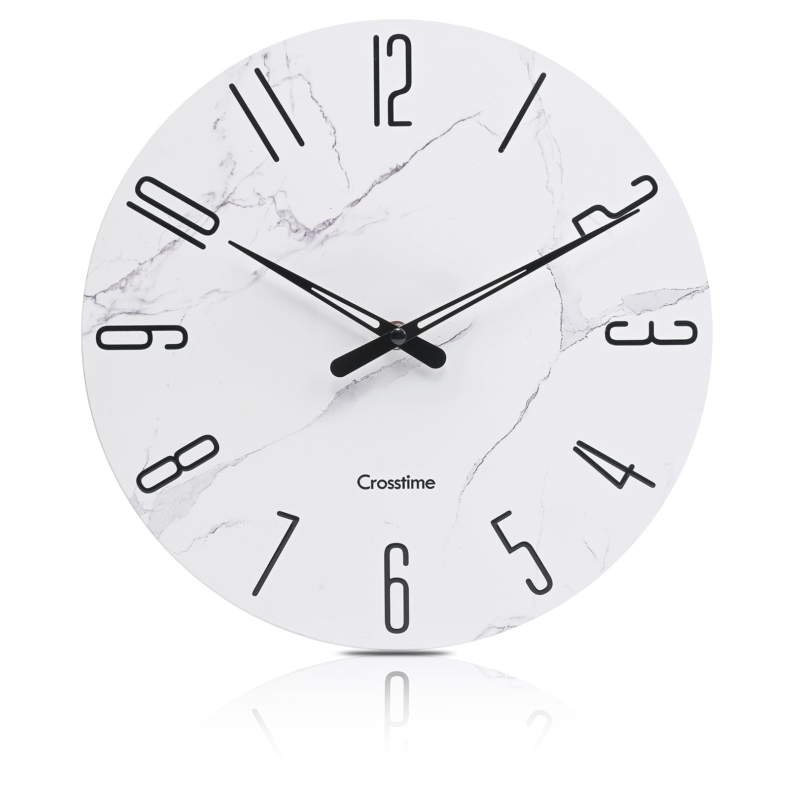 Crosstime 30cm Wall Clock White Faux Marble Pattern - Silent Non-Ticking Waterproof Tempered Glass, Modern Farmhouse Decor for Kitchen, Bathroom, Living Room