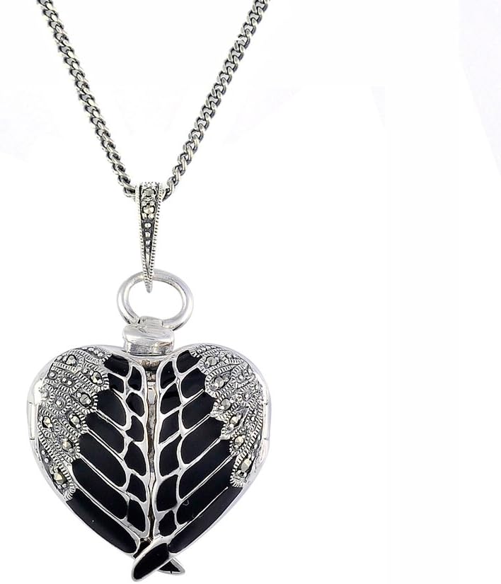 Esse Marcasite Sterling Silver Heart and Wings Marcasite and Black Enamel Locket of 45.5cm Chain with 5cm Extender