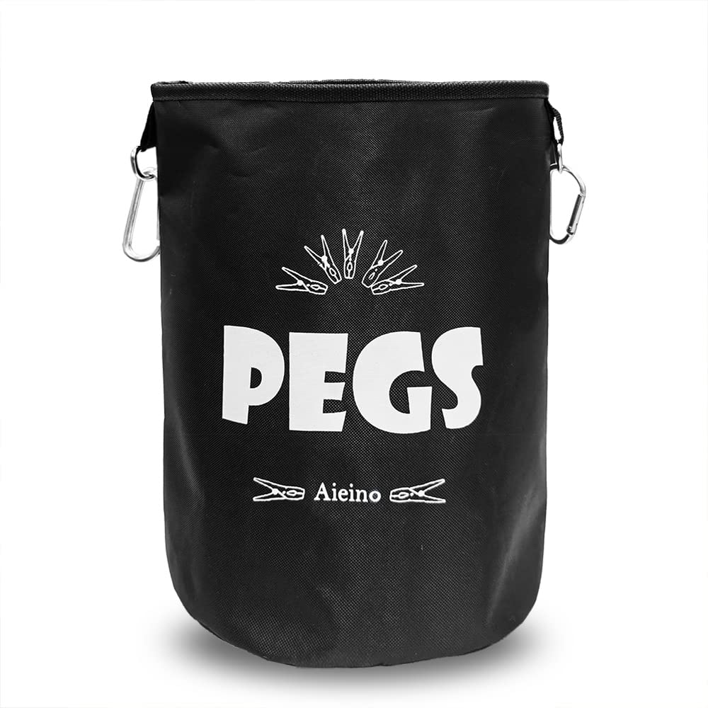 Aieino Large Peg Bag with Drawstring, Hanging Snap Hook - Storage Bag up to 200 Clothes Pegs for Hanger Clips Washing Line Waterproof Weather Resistant, Black