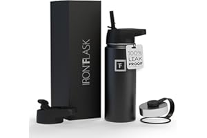 IRON °FLASK Camping & Hiking Hydration Flask with Straw, Wide Mouth Insulated Stainless Steel Sports Water Bottle - 18 oz Midnight Black