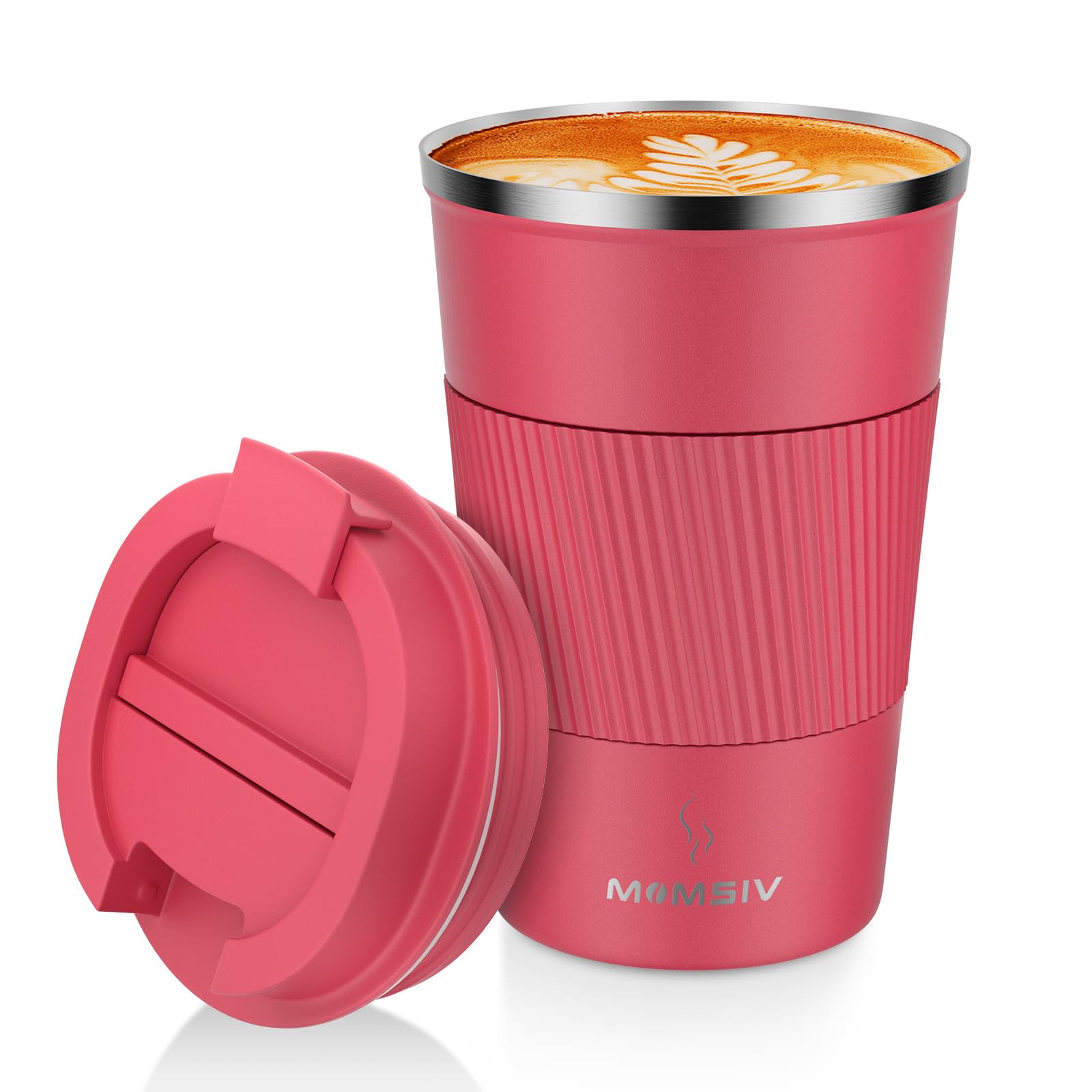 MOMSIV Coffee Cup, Insulated Coffee Cup with Leakproof Lid, Non-Slip Vacuum Reusable Stainless Steel Eco-Friendly Travel Office Mug for Hot and Cold Water Coffee and Tea, 380ml/13oz(Rose-red) — image 1