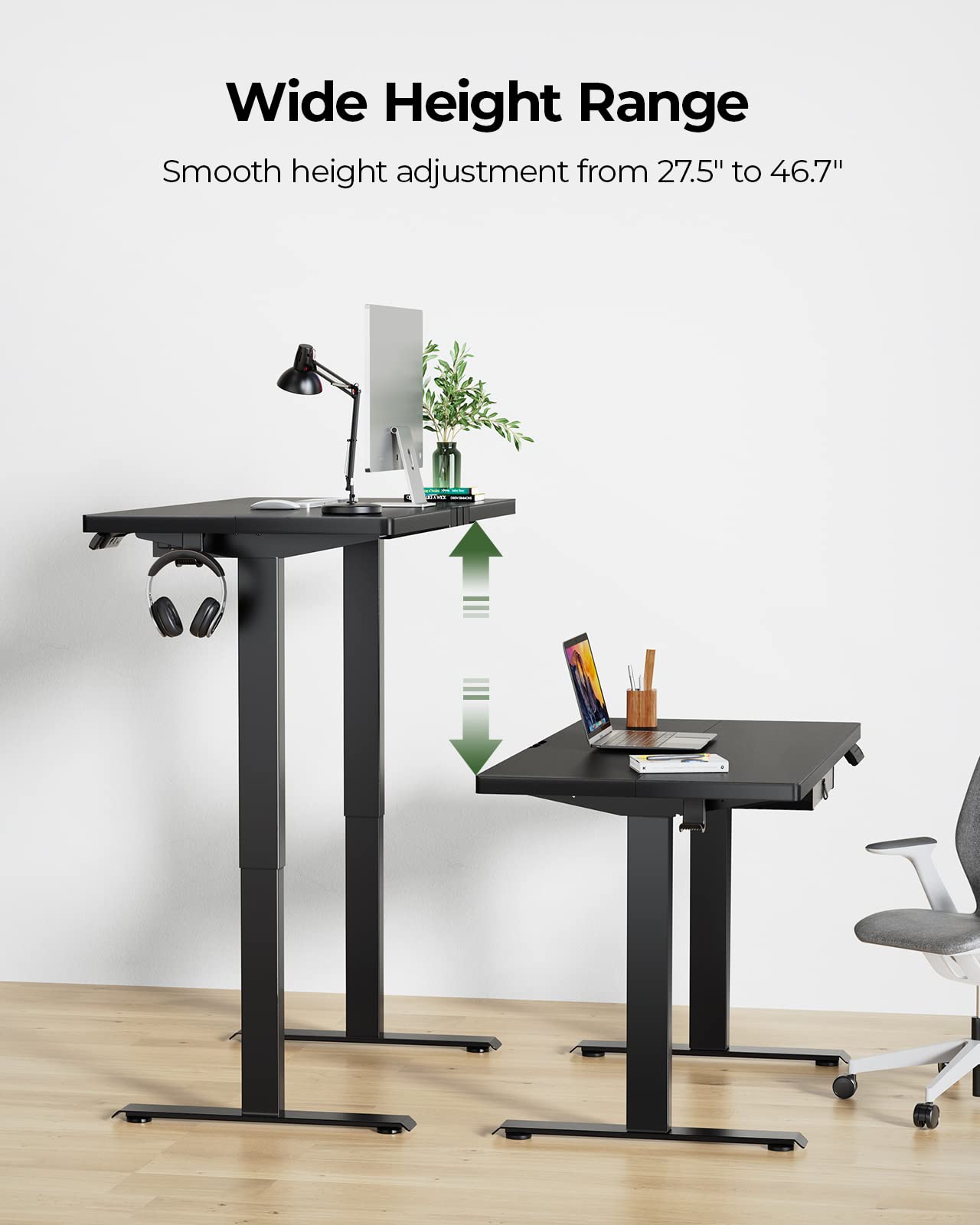 Marsail Standing Desk with Drawer, 48x24 Inch Adjustable Height Desk, Electric Stand up Sit Home Office Ergonomic Workstation for Computer Gaming Black (TZESD12)