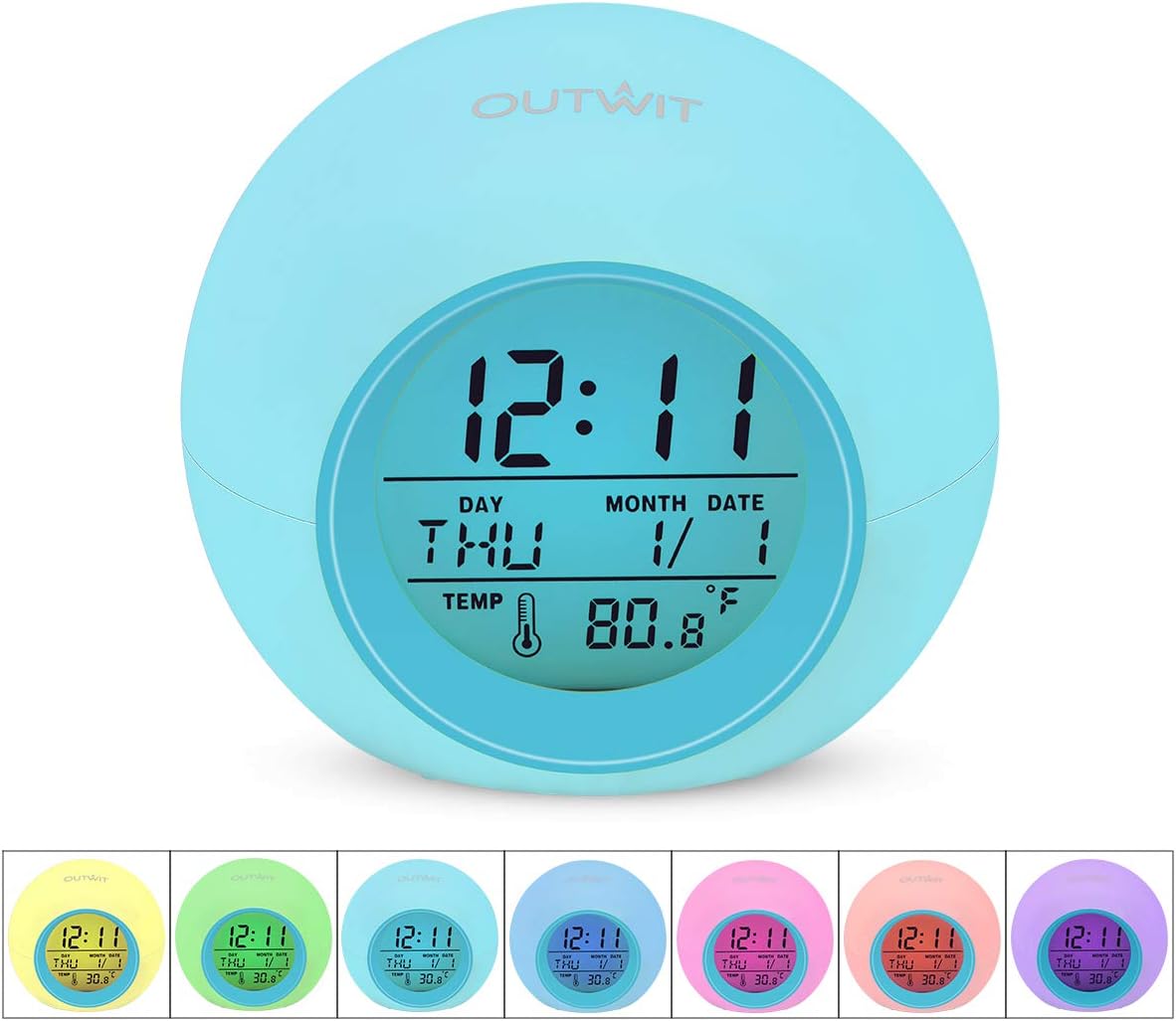 OUTWIT Kids Alarm Clock【2020 Version】, Wake Up Digital Clock for Boys Girls, 7 Colors Changing Light Bedside Clock for Children's Bedroom, with Indoor Temperature Touch Control Snoozing Christmas Gift
