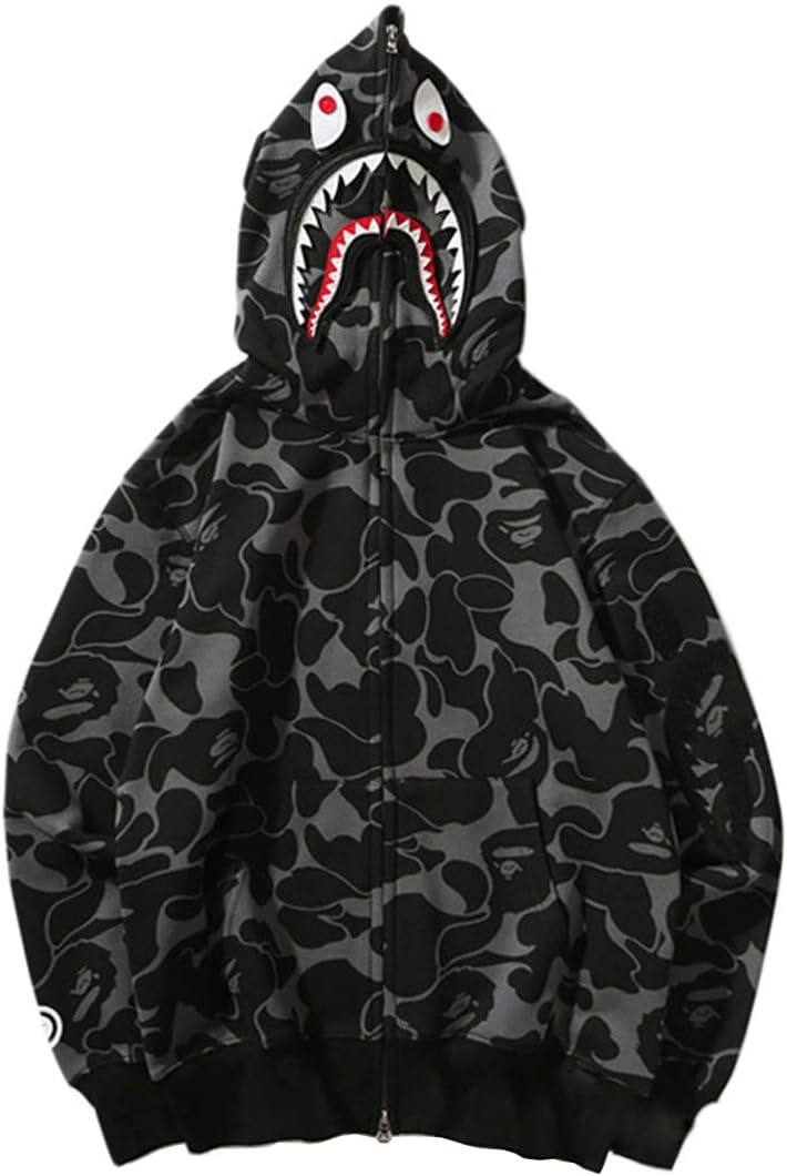 Capturelove Shark Head Mens Hoodies Womens Full-Zip Hooded Sweatshirt Hip-Hop Funny Tops
