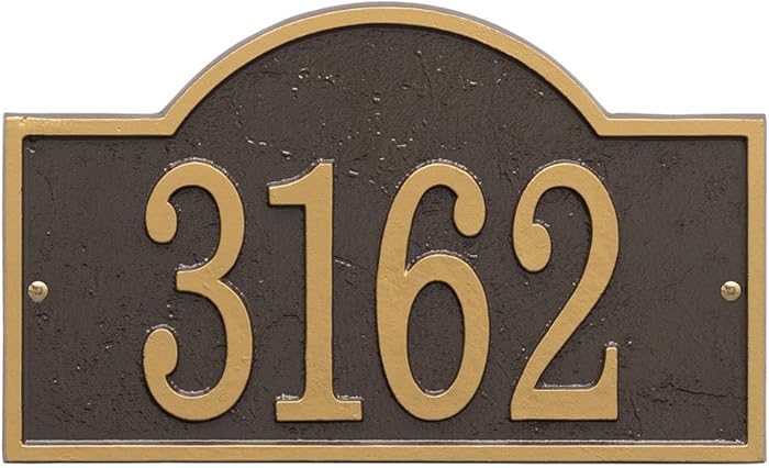 Whitehall Personalized Cast Metal Address Plaque - Custom House Number Sign - Arched Rectangle (12" x 7.25") - Bronze with Gold Numbers