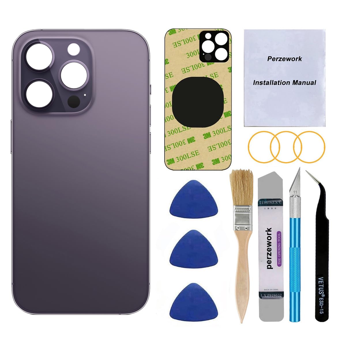 Photo 1 of Perzework OEM Rear Back Glass Replacement for iPhone 14 Pro 6.1 inches with Reparing Tool Kit and Manual (Deep Purple)