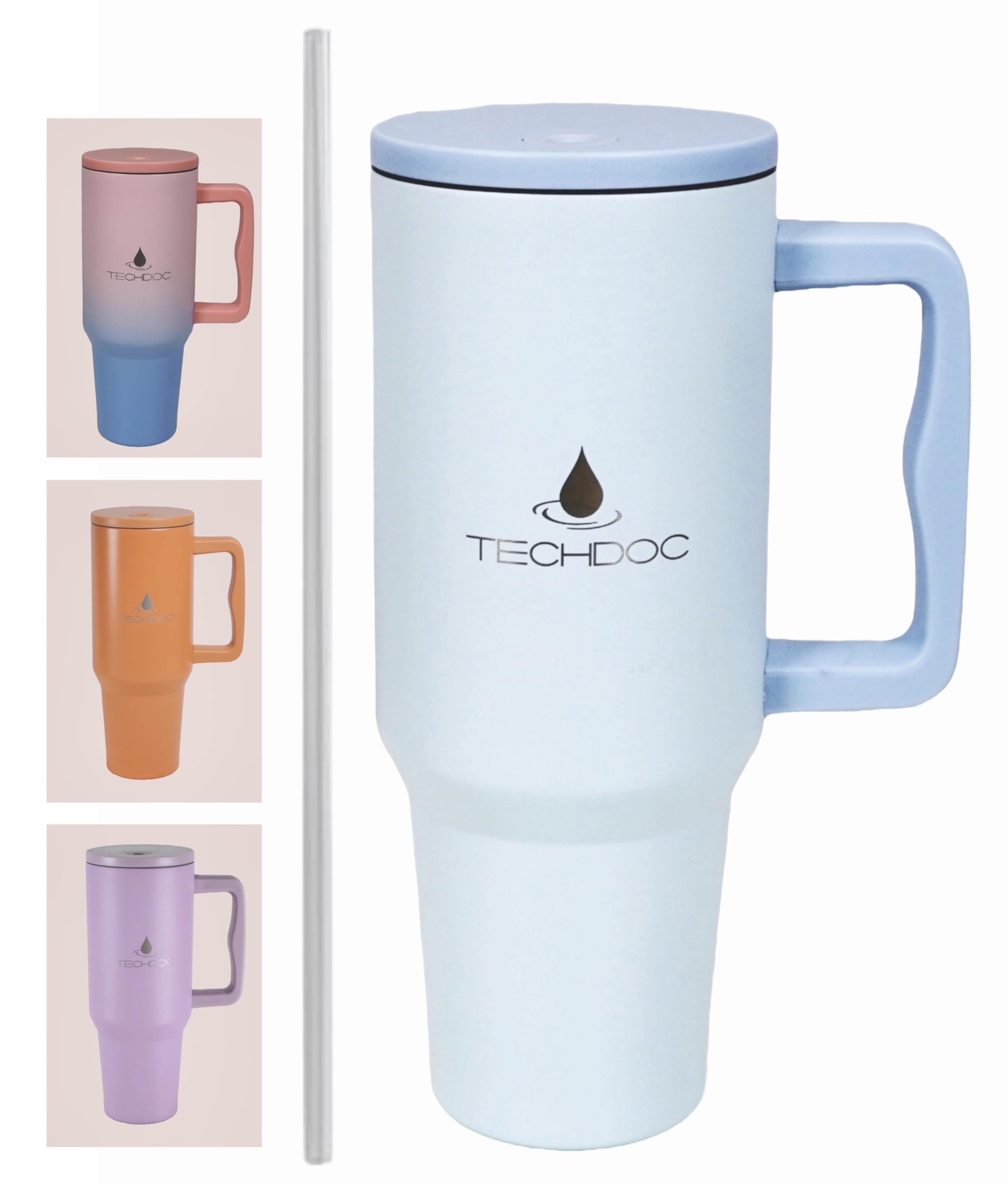 TechDoc 40 oz Insulated Tumbler with Handle & Sip Straw | Stainless Steel Water Bottle | Vacuum Travel Mug | Iced Coffee Cup | Hot & Cold Drinks | Gift for Him & Her | Baby Blue | 1180ml