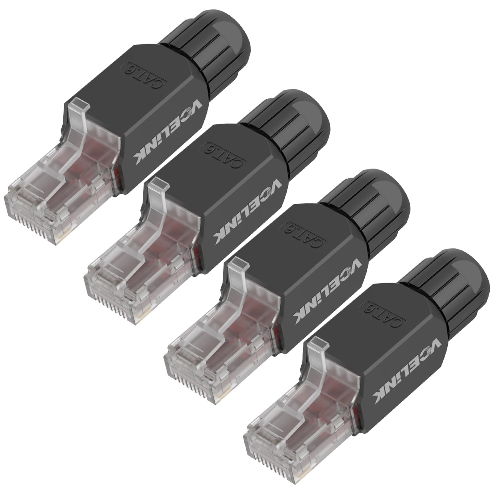 VCELINK Cat6 Tool-Free RJ45 Connector, 1000 Mbps/250 MHz, Reusable UTP Gold-Plated Ethernet Plug for 23-26 AWG Network Cable, PoE Toolless Ethernet Modular Plug, Black, 4 Pack