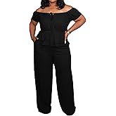 Womens Plus Size 2 Piece Outfits Sexy Off Shoulder Ruffle Short Sleeve Peplum Top Wide Leg Pant Suits Sets Party Outfit