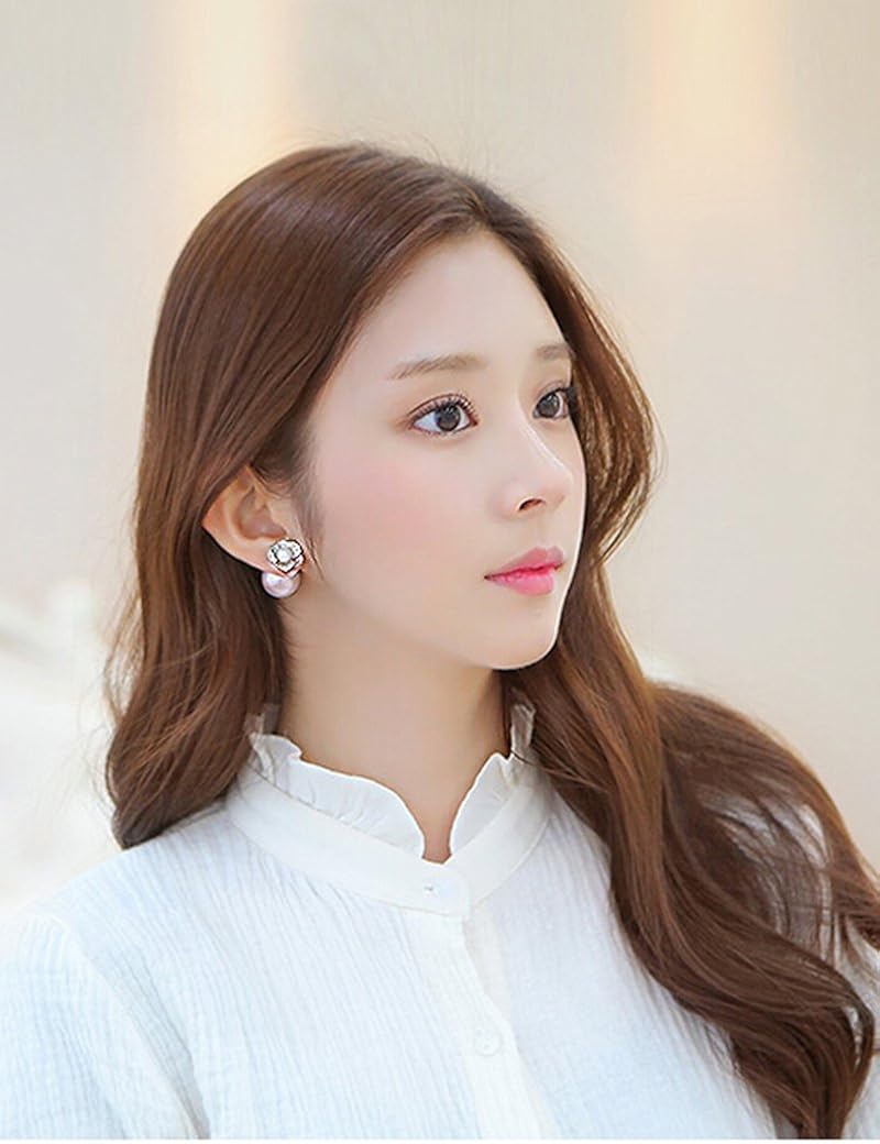 1 Pair Lujuny Alloy Shell Pearl Flower Double Side to Wear Earrings Studs with Gift Box for Women Girls