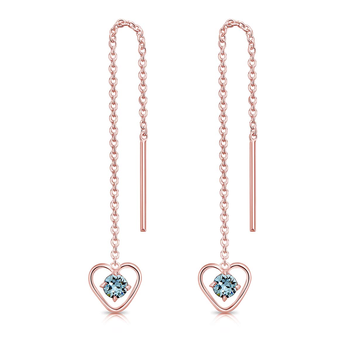 DTPsilver® 925 Sterling Silver Rose Gold Plated Pull Through Drop Chain Earrings & Dangling Heart with SMALL Round 3 mm Crystals from Swarovski® Elements - Length 68 mm - Colour : Blue Aquamarine