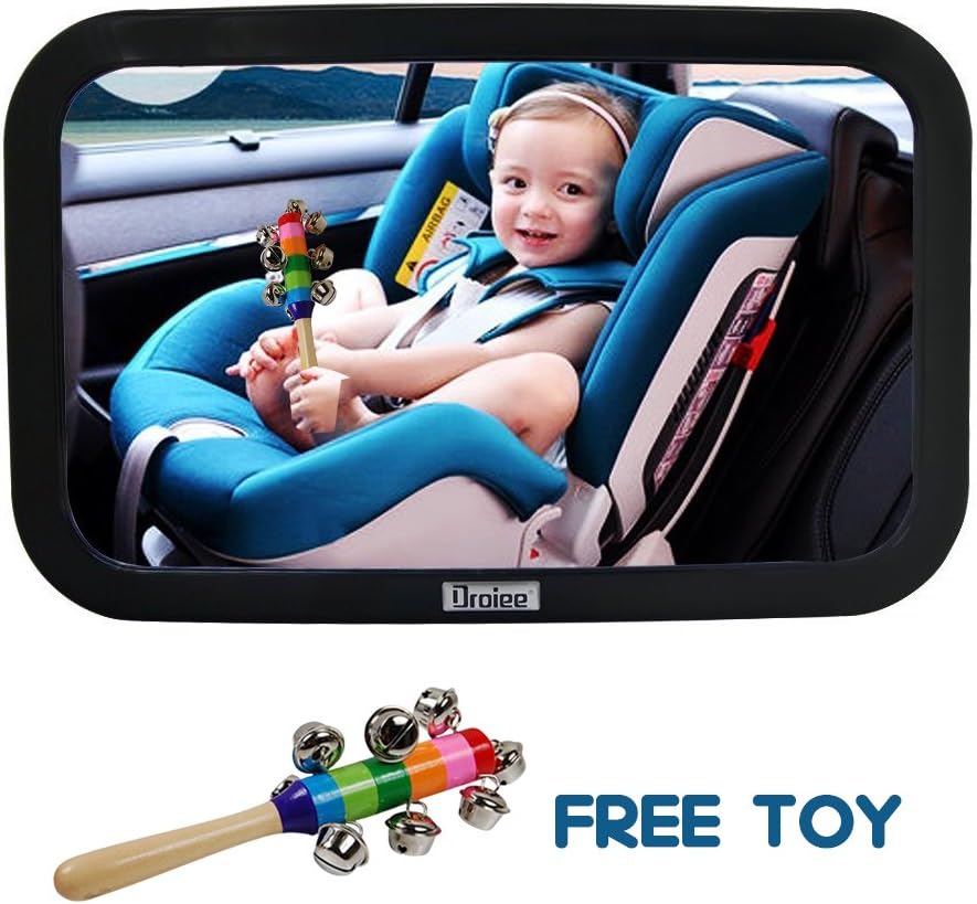 Droiee Baby Back Seat Mirror [Shatterproof Glass] The Best Baby Car Mirror Rear Facing [with Cleaning Cloth & Traveling Toys for Kids] - Adjustable Back Seat Mirror [ Black]