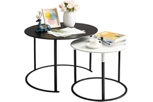 HollyHOME Modern Round Side Table Set of 2, Contemporary Accent Coffee and Snack End Table with Metal Frame, Nesting Tea Table for Living Room,(D) 27.56" x(H) 19.69", (D) 19.69" x(H) 15.75", White