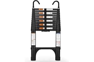 Telescoping Ladder, SocTone 12.5 FT Aluminum Lightweight Extension Ladder with 2 Triangle Stabilizers, Heavy Duty 330lbs Max Capacity, Collapsible Ladder with Hooks for RV or Outdoor Work