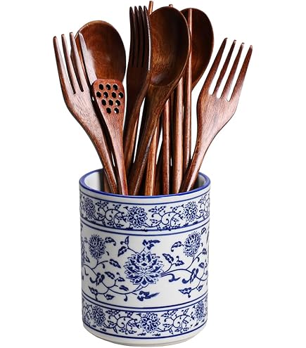 123Arts Keramik-Utensilienhalter Blau-weiß, Mit Tablett – Dekoration Für Küche Oder Wohnzimmer