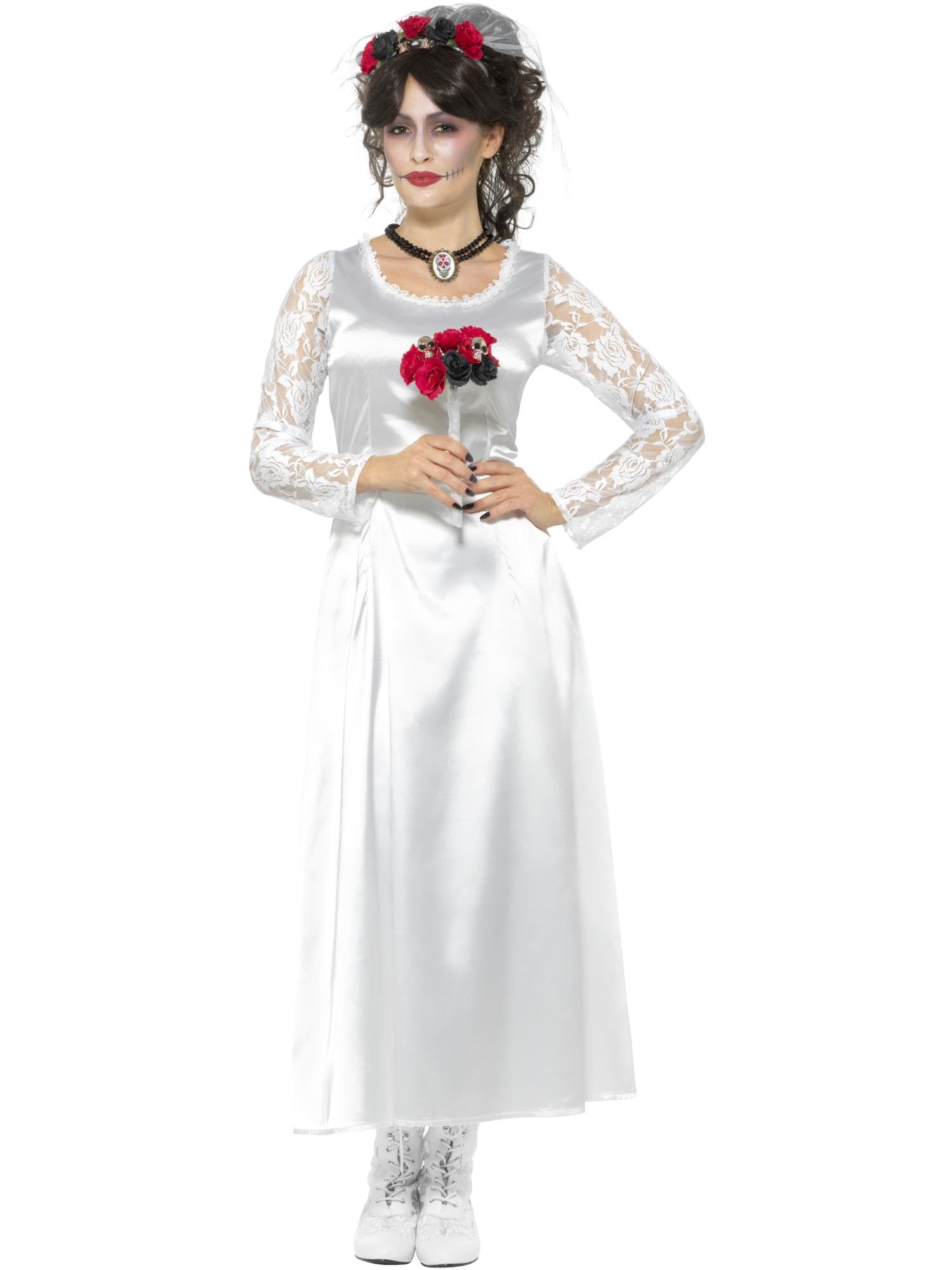 Smiffys Day of the Dead Bride Costume, White with Dress, Bouquet & Headband, Mexican Day of The Dead/Sugar Fancy Dress, Halloween Dress Up Costumes
