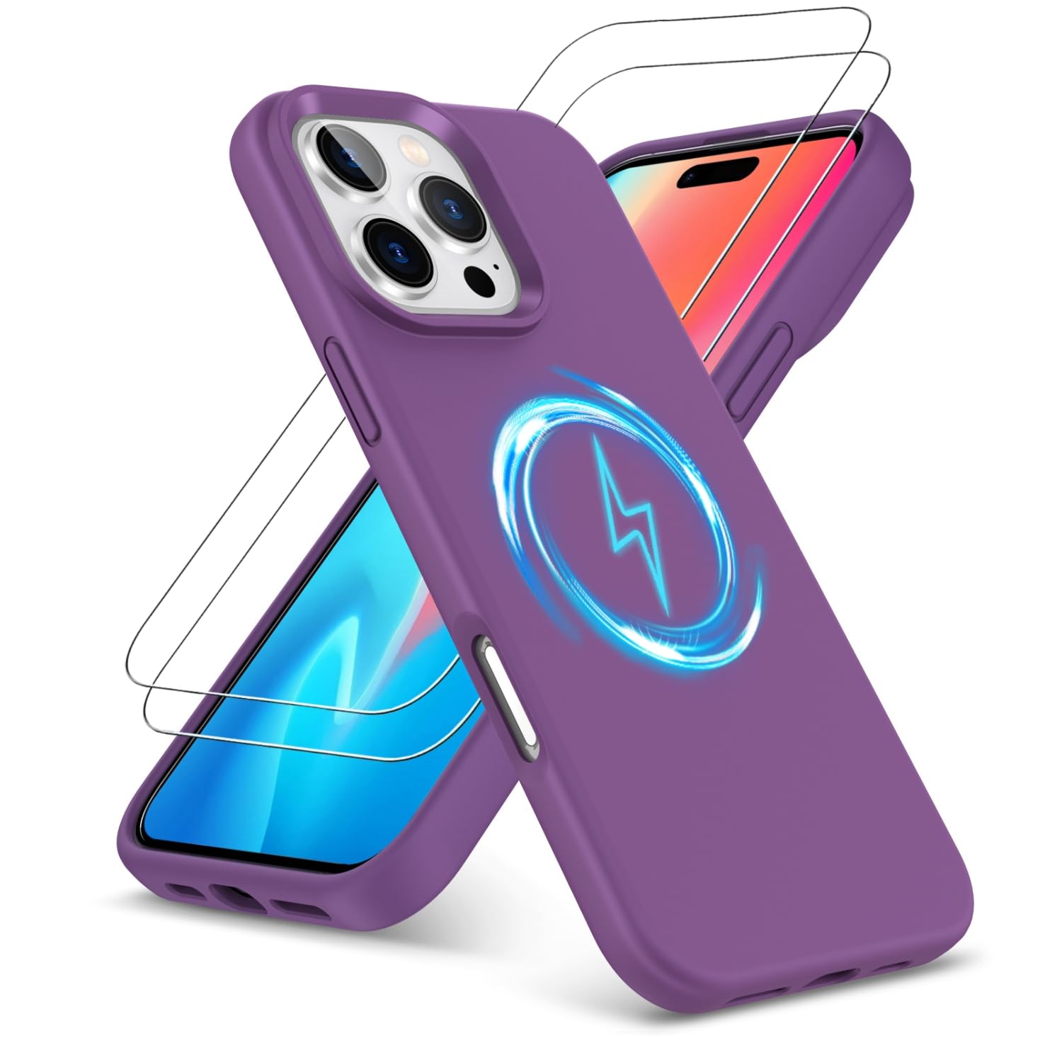 PIXFAB for iPhone 16 Pro Case with 2 x Screen Protector Tempered Glass, [Compatible with Magsafe] Liquid Silicone Shockproof Armour Protective [Soft Touch] Rubber Gel Phone Cover - Purple