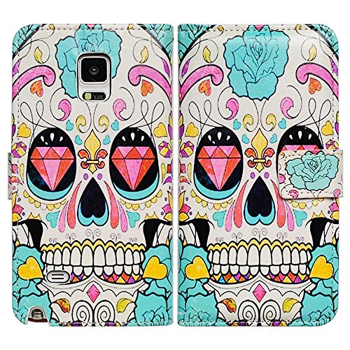 Bfun Packing Bcov Flower Floral Skull Wallet Leather Cover Case for Samsung Galaxy Note 4