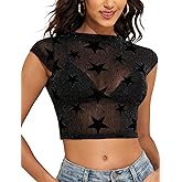 YYA Sheer Mesh Crop Top with Silver Glitter Cap Sleeve Party Top for Women Sexy Blouse S-XXL
