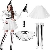 Cozypower 7 Pcs Halloween Clown Costume Women Killer Cosplay Vintage Clown Costume with Collar Tutu Skirt Pompoms Thigh Stocking Hat