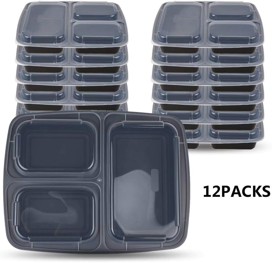 12 Pack Bento Box,Premium 3 Compartment Meal Prep Container Set.Reusable Plastic Food Fruit Containers with Lids.Stackable,Microwavable,Freezer&Dishwasher Safe Lunch Box,Black[32oz, 900mL]
