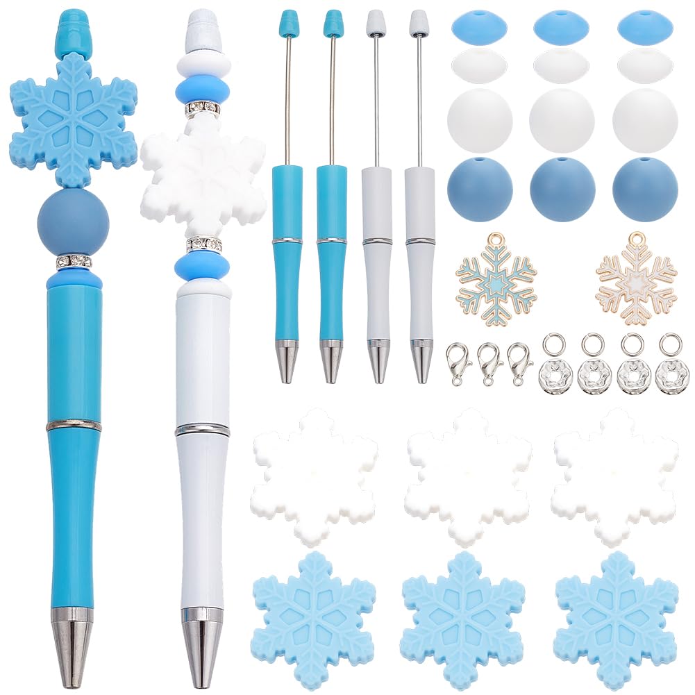 SUNNYCLUE 106Pcs Christmas Beadable Pen Making Kit Beadable Pens Bulk Winter Snowflake Beads Blue White Bead Pens Craft Pen Beading Silicone Beads for Teachers Students DIY Gifts Office School