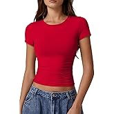QINSEN Short Sleeve Shirts for Women Round Neck Basic Double Lined Tees Fitted Y2k Crop Tops