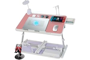 iXTRA Laptop Lap Desk Include Cooling Fan,Adjustable Lap Desk with Light Fan,Folding Laptop Desk for Bed with USB,Bed Desk with Storage Drawer 56x32cm,Pink