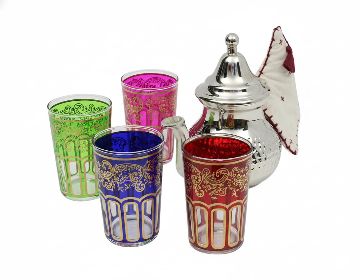 Moroccan Hammered Tea Set Medium: Silver Teapot with Integrated Filter and Teapot Holder, 4 Multicoloured Tea Glasses, Handmade in Morocco, Serving Mint Tea Gift Set