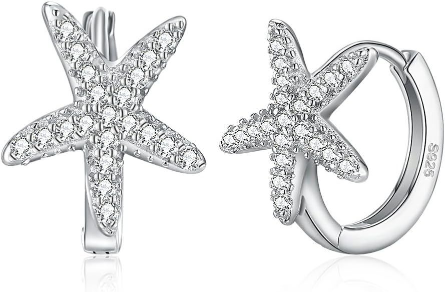 Hanie Starfish Hoop Earrings 925 Sterling Silver Small Sleeper Hoops Diameter 15mm White CZ Sea Star Earings Nickel Free and hypoallergenic Jewelry for Women Ladies Girls