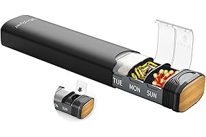 Metal Weekly Pill Organizer, Serfeymi Aluminum Daily Pill Box(Spare Gasket Provided),7 Day Pill Case Travel Medicine Organizer,Pill Containers with Individual Lid for Vitamins,Pills, Supplement-Black