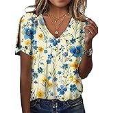Womens Boho Floral Print Blouse Dressy Slim Fit Vintage Womens Summer Tops Cold Shoulder V Neck Button Down Shirts for Women