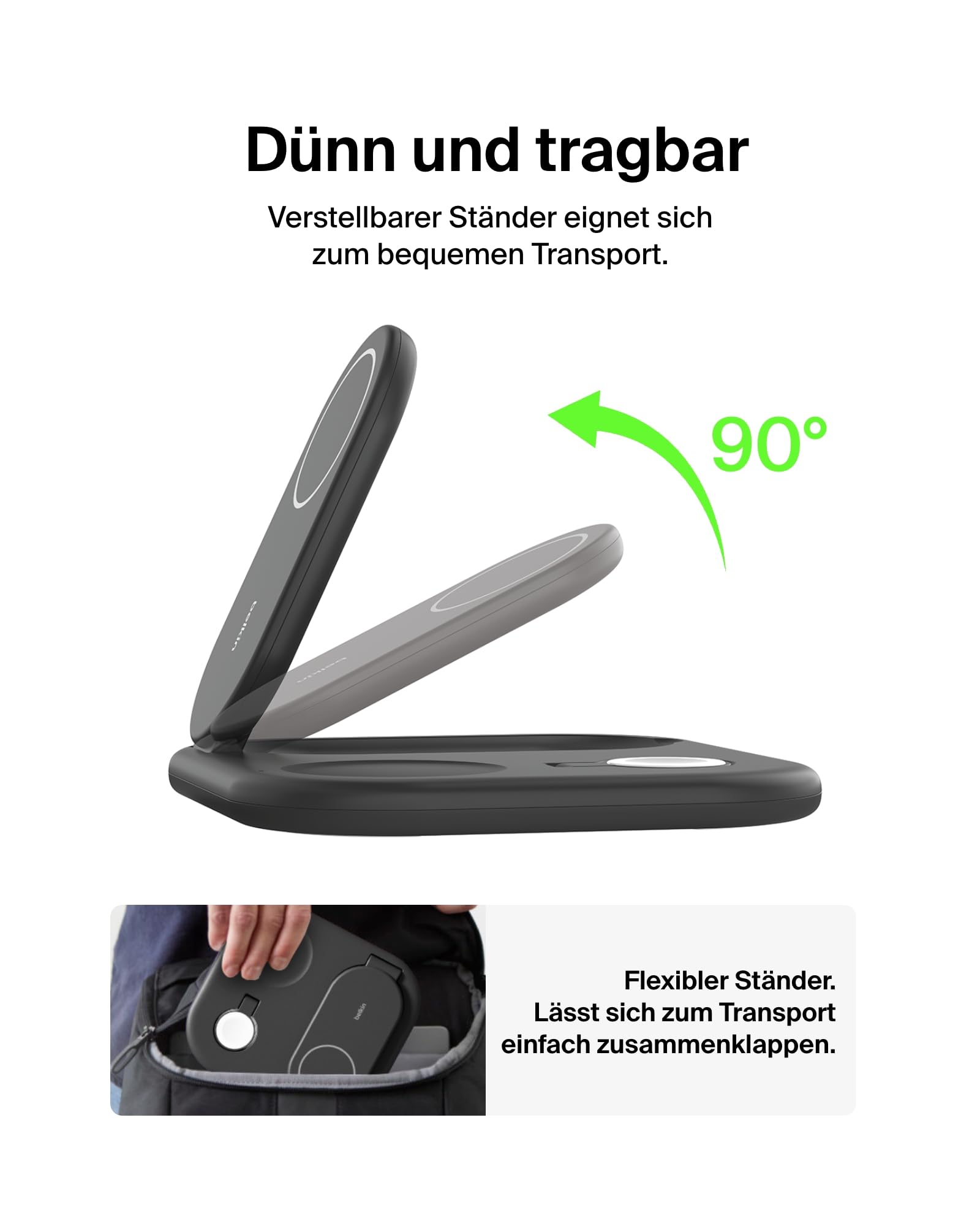 Belkin BoostCharge Ladegerät induktive 3-in-1 Ladestation Qi2, 15 W, klappbar MagSafe-kompatibles Ständer für Apple iPhone 17, Air, Pixelsnap, Apple Watch, AirPods, mit Netzteil – Schwarz 6