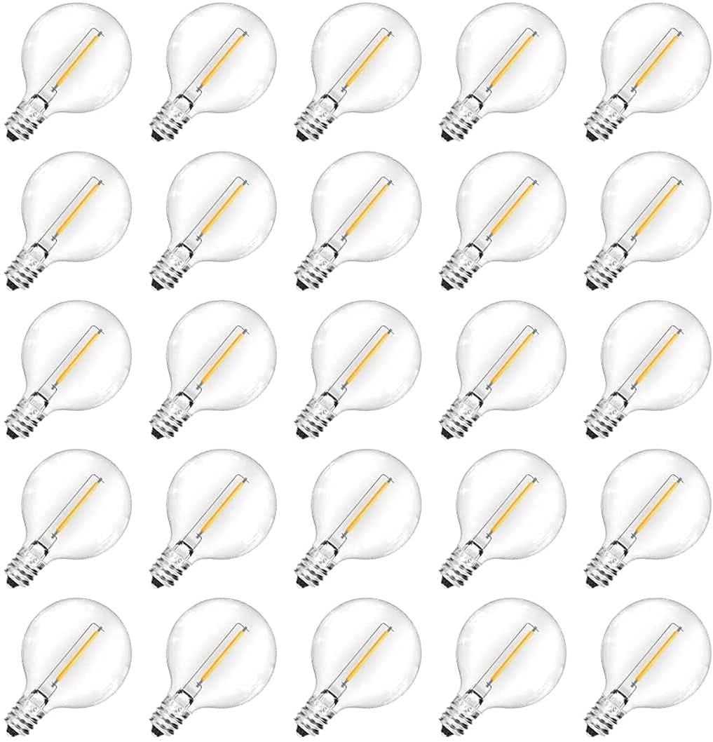25 Pack G40 LED Replacement Bulbs, 0.6 Watt, Warm White, Candelabra Screw Base, Fits E12 and C7 Sockets for G40 Globe String Lights, Clear Glass Bulbs for Indoor Outdoor Use