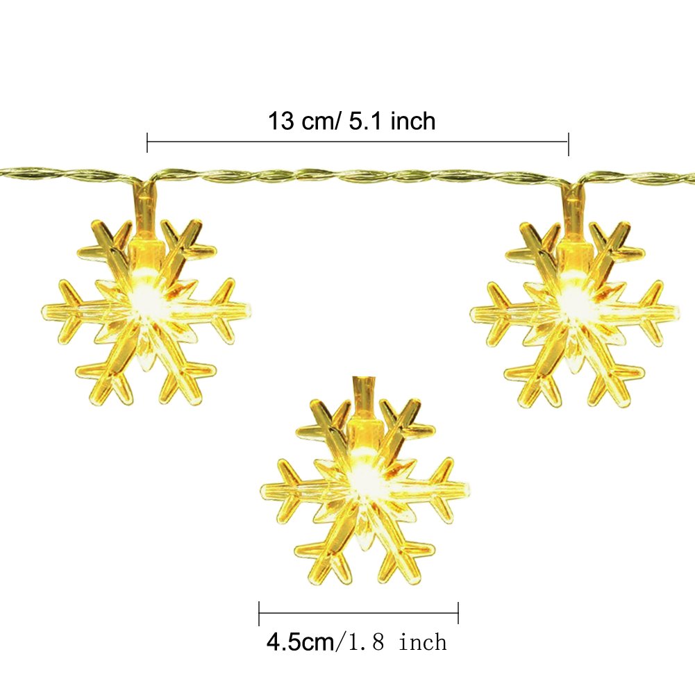 Snowflake String Lights CFTech 6.5 ft 20 LED Fairy Lights Battery Operated Waterproof for Garden Patio Bedroom Party Decor Indoor Outdoor Celebration Lighting, Warm White (2M 20 Lights)