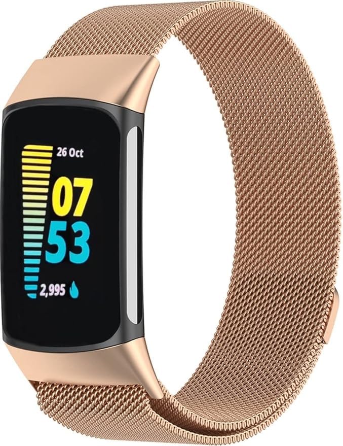 Panda Bobo Straps compatible with Fitbit Charge 6/5 Strap, Milanese Stainless Steel Replacement Band (Rose Gold)