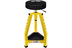 FreekyFit Adjustable Tall Shop Stool, Mechanic Garage Bar Stool Chair, Work Metal Chair for Workshop,360° Swivel Padded Seat, Tool Tray Storage, 350 LBS Capacity, Heavy Duty, Yellow