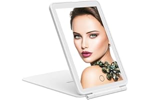 deweisn LED Tabletop Mount Makeup Mirror for Travel, 32 LEDs Lighted Vanity Mirrors with Dimmable Lighting,Compact, Slim, Rechargeable Folding Lighted Mirror for Beauty (White)