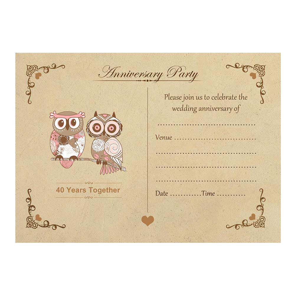 Artstore Vintage Owls 40th Wedding Anniversary Invitations With Brown Kraft Envelopes - Pack of 20