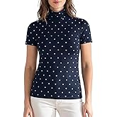 Zengjo Turtleneck Tops for Women Short Sleeve, Stretchy Slim Fitted Vintage Polka Dot Shirts, High Neck Layering Tee