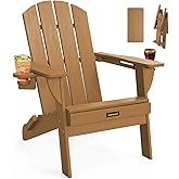 Folding Adirondack Chair, Wooden Textured Plastic Adirondack Chairs with 2 Cup Holder, Weather Resistant HDPE Fire Pit Chair, Outdoor Patio Chairs for Garden, Backyard, Lawn, Deck, 380LBS, Teak