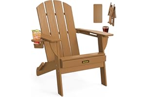 CARAUCI Floding Adirondack Chair, Wooden Textured Plastic Adirondack Chairs with 2 Cup Holder, Weather Resistant HDPE Fire Pit Chair, Outdoor Patio Chairs for Garden, Backyard, Lawn, Deck, 380LBS, Teak