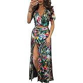 WOKANSE Women's Sexy 2 Piece Outfits Summer Beach Boho Floral Dress V Neck Crop Tops and High Split Maxi Skirt Sets