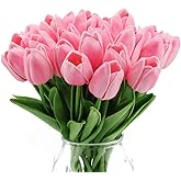 IPOPU Pink Tulips Artificial Flowers 24PCS Real Touch Tulips Flowers Fake Pink Tulips Faux Flowers for Home Decoration Wedding Bouquet Party Baby Shower Centerpieces Bridal Bouquet Decor